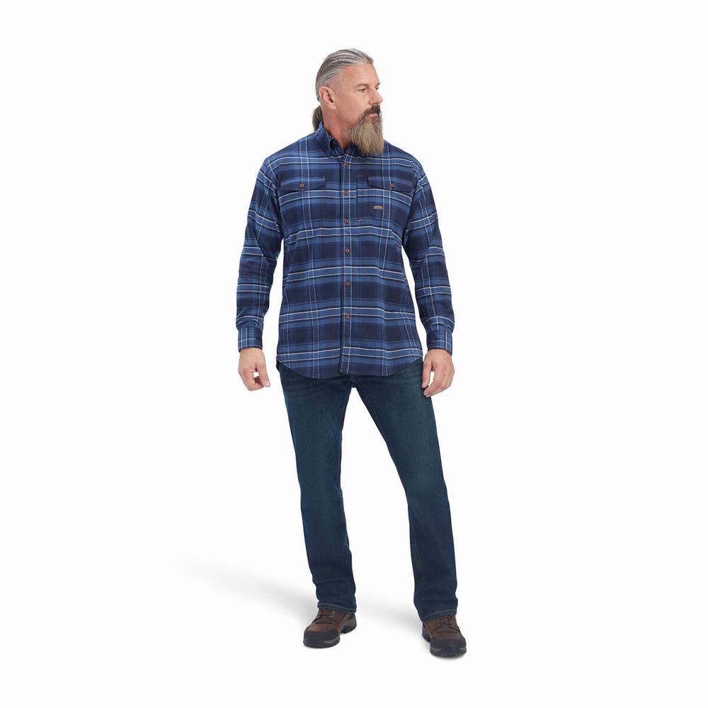 Navy Men's Ariat Rebar Flannel DuraStretch Shirts | 2057-OISHZ