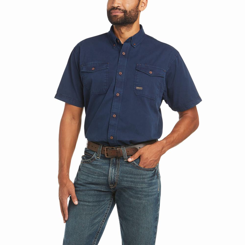 Navy Men\'s Ariat Rebar Washed Twill Short Sleeve | 6581-PZFSJ