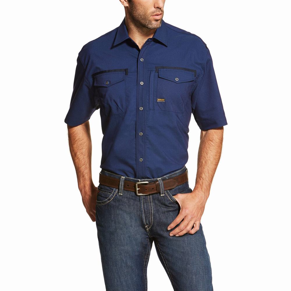 Navy Men\'s Ariat Rebar Workman Shirts | 2395-VWIQH