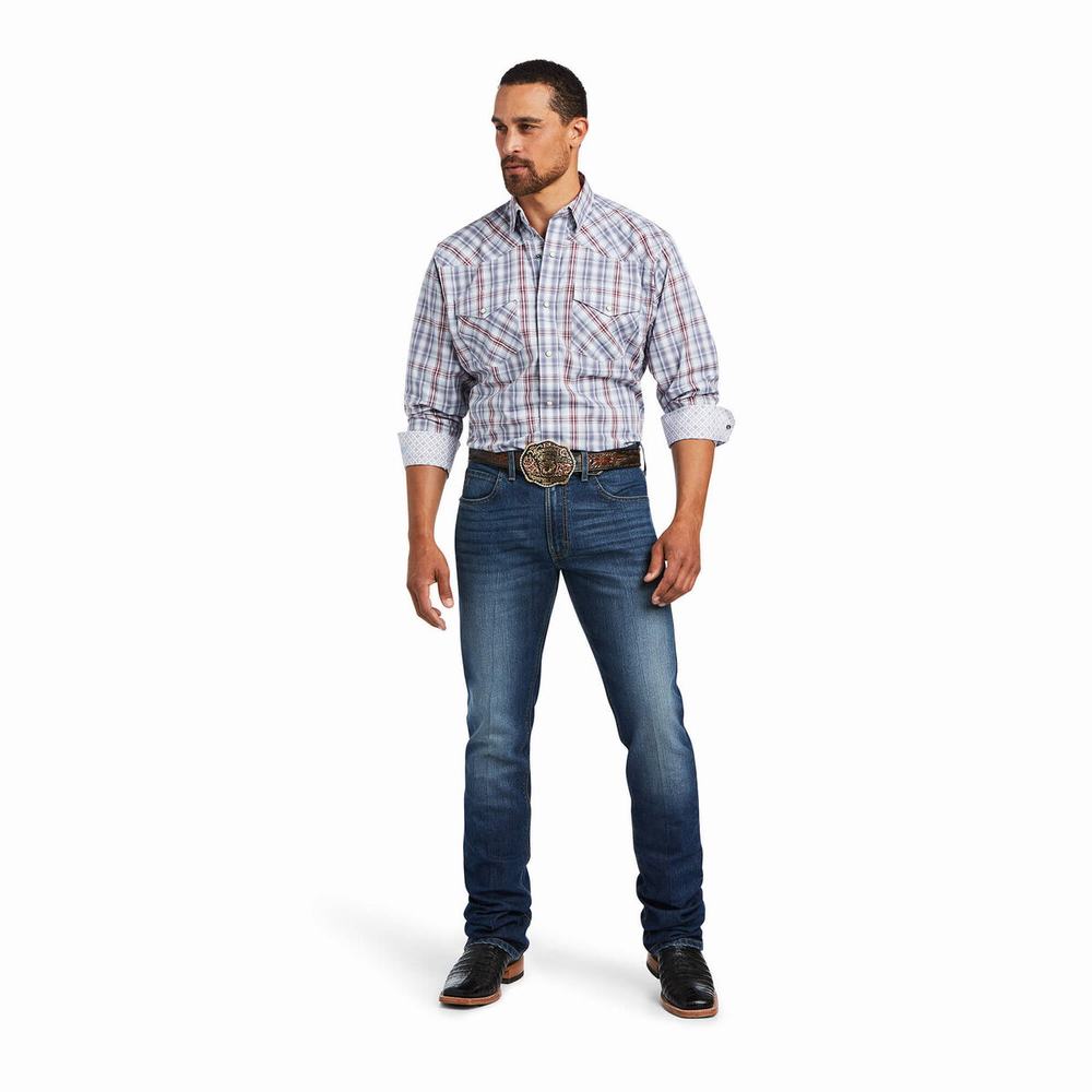 Navy Men's Ariat Relentless Steely Stretch Classic Fit Snap Shirts | 0245-QMXYB