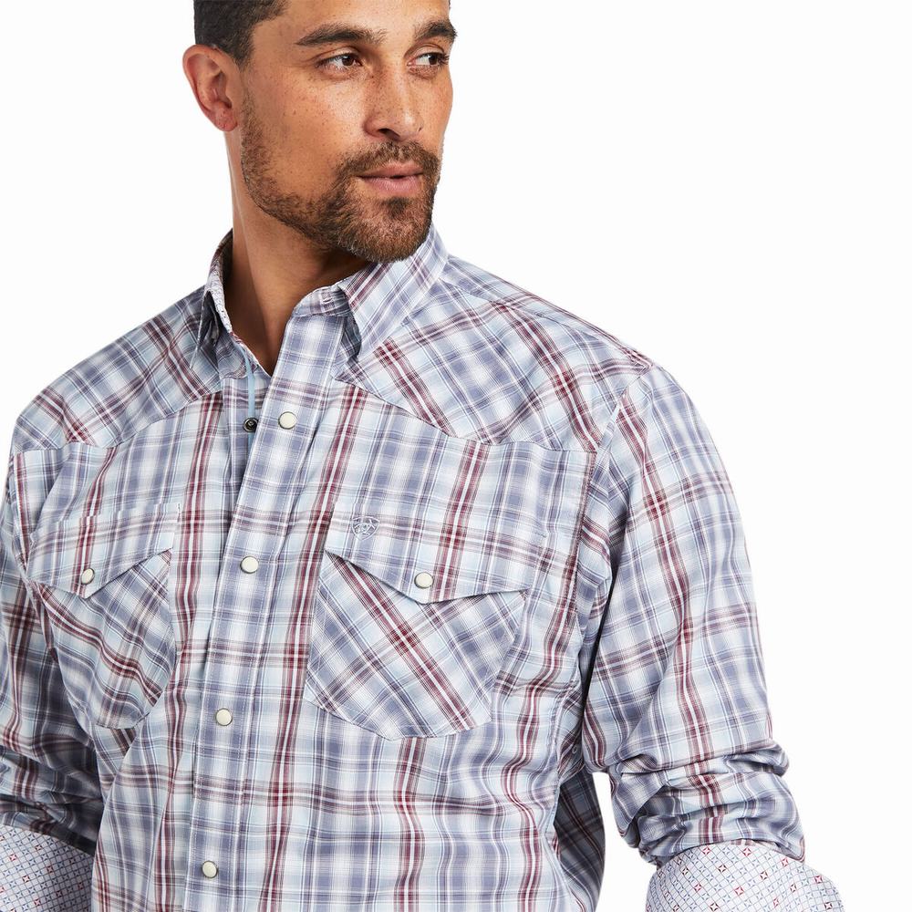 Navy Men's Ariat Relentless Steely Stretch Classic Fit Snap Shirts | 0245-QMXYB