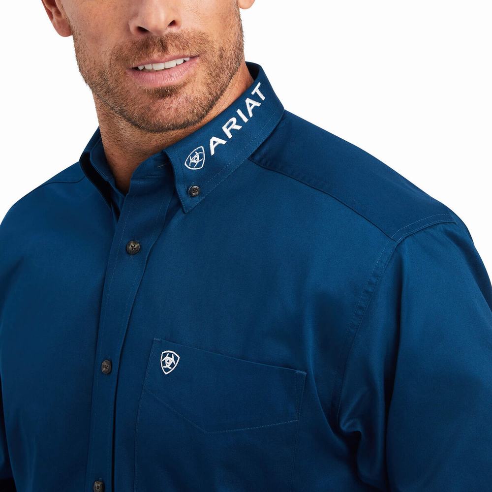 Navy Men's Ariat Team Logo Twill Classic Fit Shirts | 4570-JDFNG