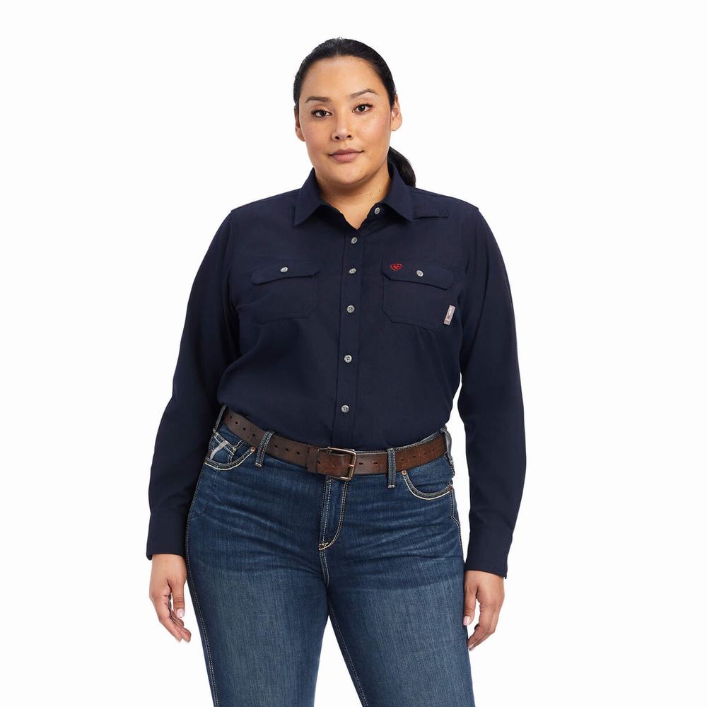 Navy Women's Ariat FR Featherlight Shirts | 1983-VWJKN