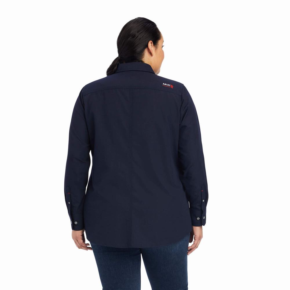 Navy Women's Ariat FR Featherlight Shirts | 1983-VWJKN