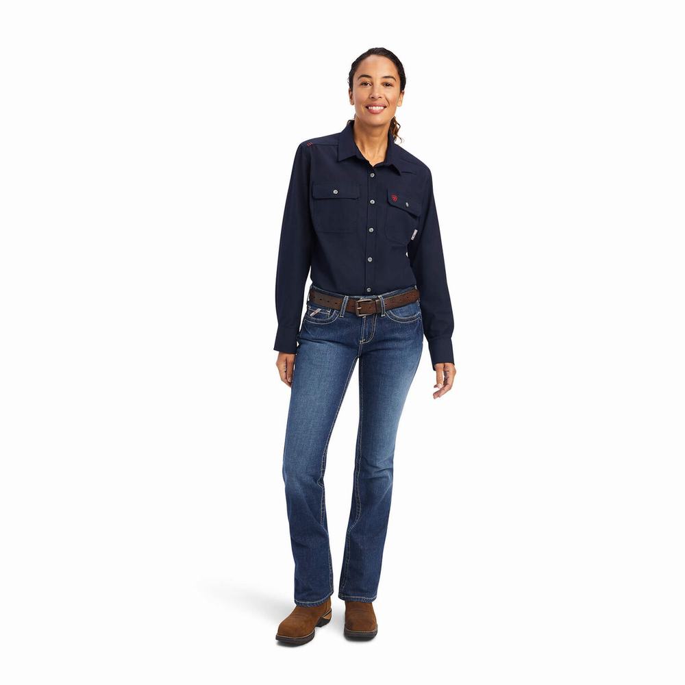 Navy Women's Ariat FR Featherlight Shirts | 1983-VWJKN