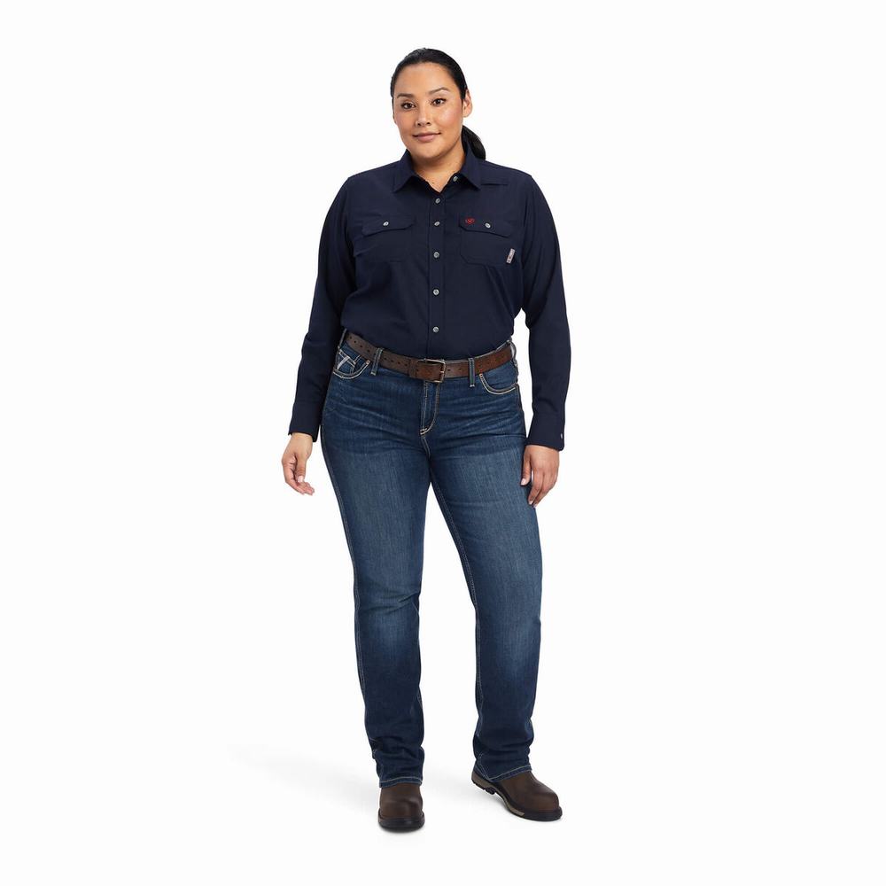 Navy Women's Ariat FR Featherlight Shirts | 1983-VWJKN