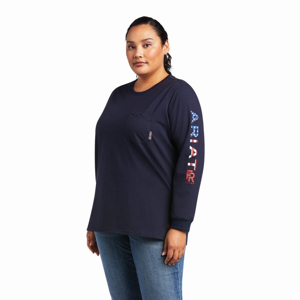 Navy Women's Ariat FR Stretch Logo Shirts | 5247-VULIK