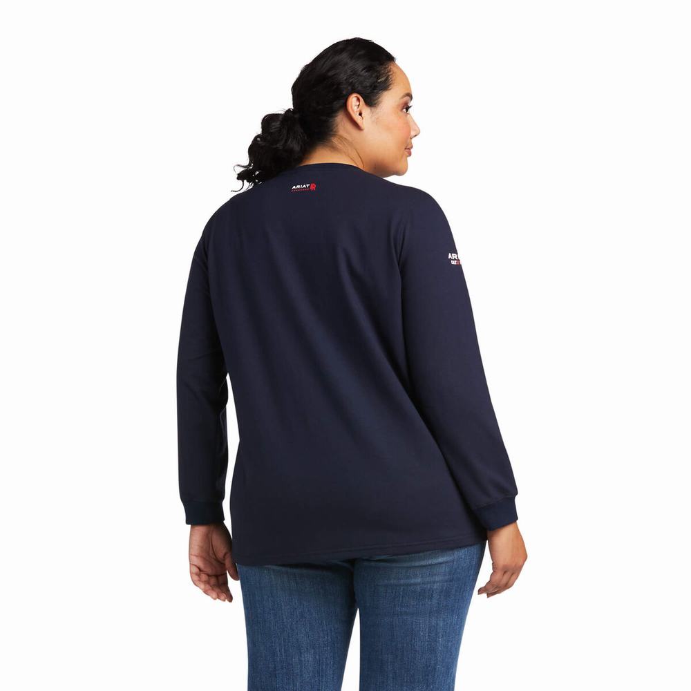 Navy Women's Ariat FR Stretch Logo Shirts | 5247-VULIK