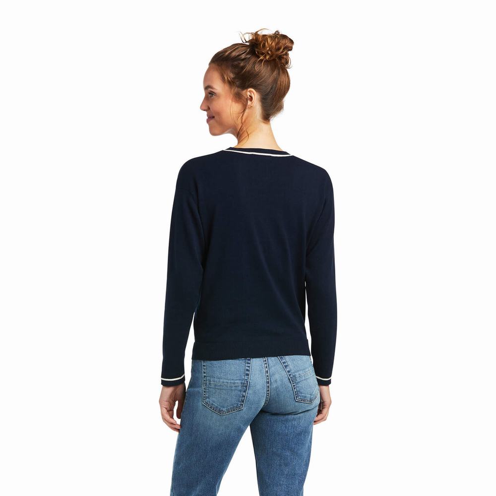 Navy Women's Ariat Floret Sweaters | 5902-HKCMB