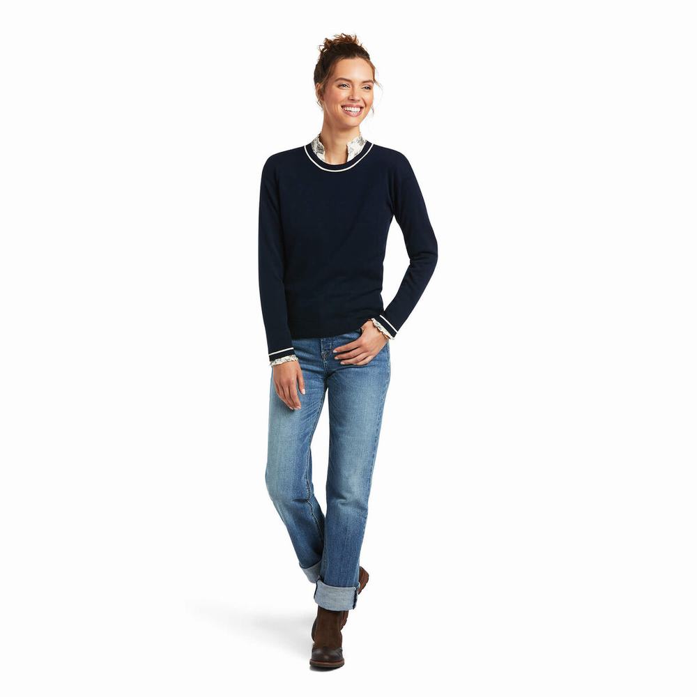 Navy Women's Ariat Floret Sweaters | 5902-HKCMB