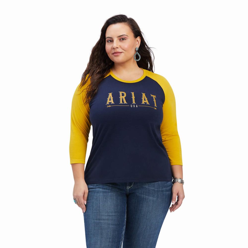 Navy Women's Ariat REAL Arrow Classic Fit Tops | 4076-SUJGI