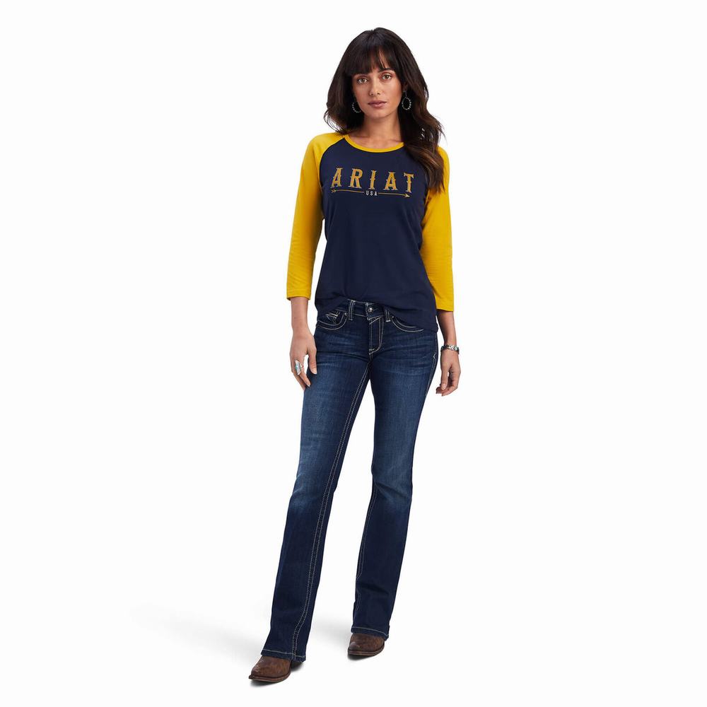 Navy Women's Ariat REAL Arrow Classic Fit Tops | 4076-SUJGI