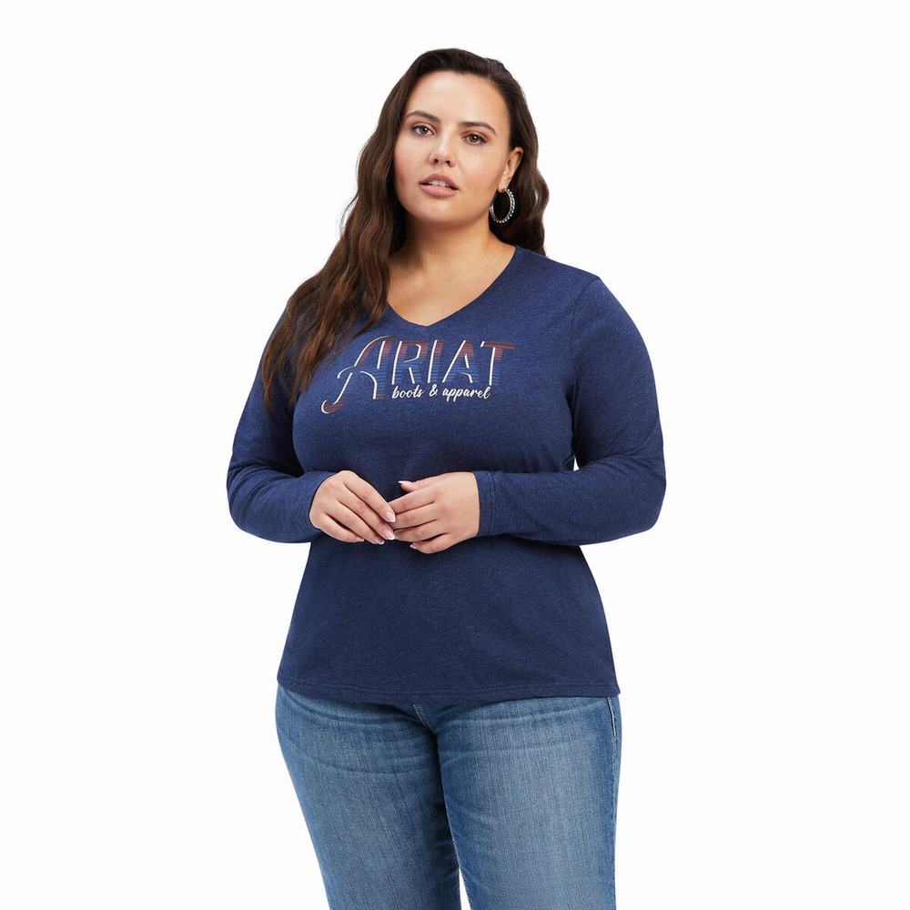 Navy Women's Ariat REAL Chest Logo Relaxed Tops | 8051-PWOYZ