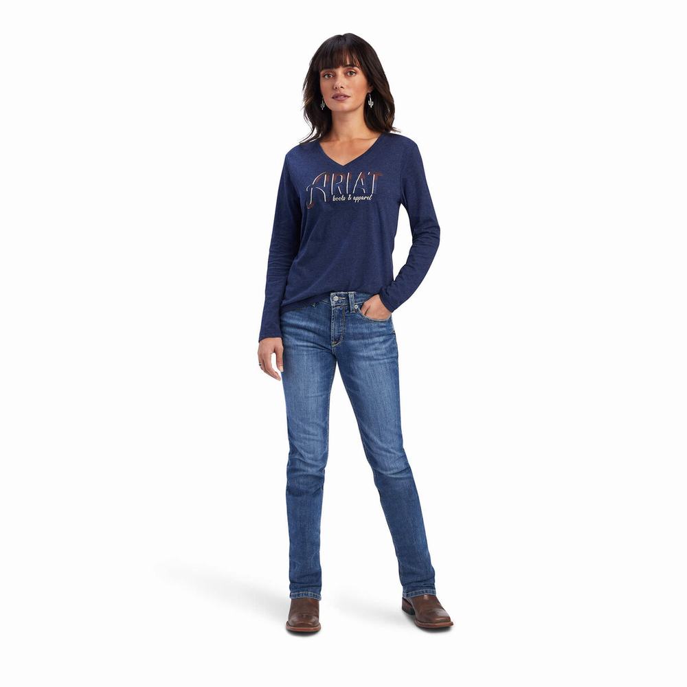 Navy Women's Ariat REAL Chest Logo Relaxed Tops | 8051-PWOYZ