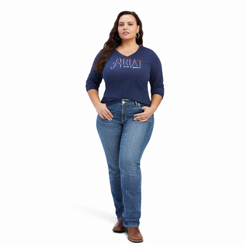 Navy Women's Ariat REAL Chest Logo Relaxed Tops | 8051-PWOYZ