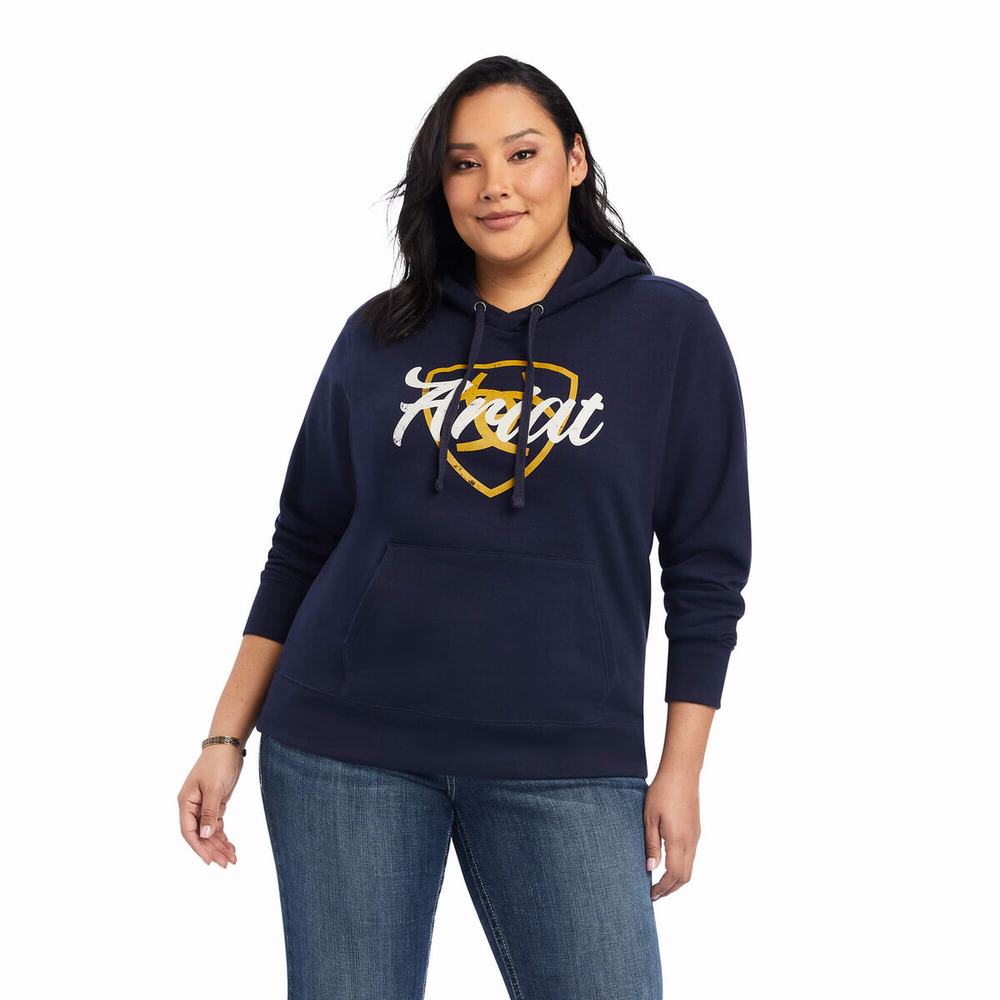 Navy Women's Ariat REAL Shield Logo Hoodies | 2459-YXQHB