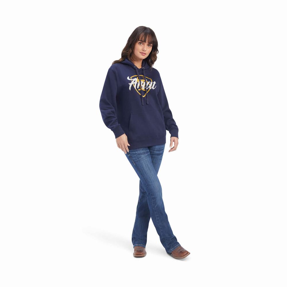 Navy Women's Ariat REAL Shield Logo Hoodies | 2459-YXQHB