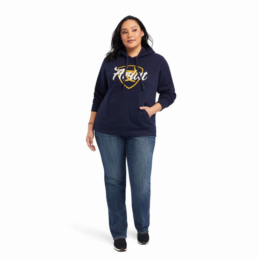 Navy Women's Ariat REAL Shield Logo Hoodies | 2459-YXQHB