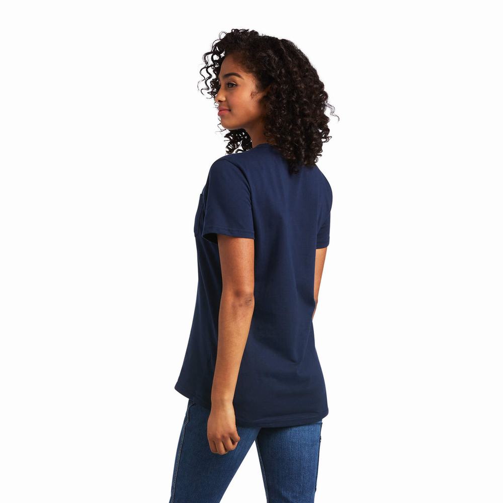 Navy Women's Ariat Rebar Cotton Strong Short Sleeve | 8641-KCRJM