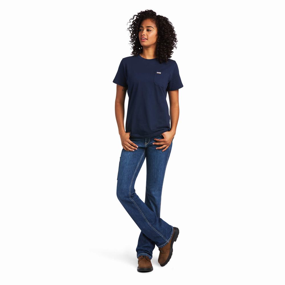 Navy Women's Ariat Rebar Cotton Strong Short Sleeve | 8641-KCRJM