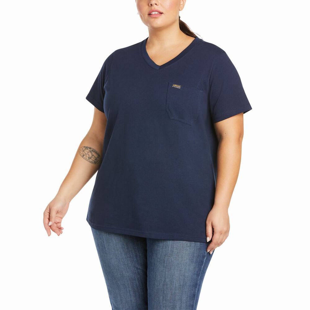 Navy Women's Ariat Rebar Cotton Strong V-Neck Short Sleeve | 0538-MLTFD