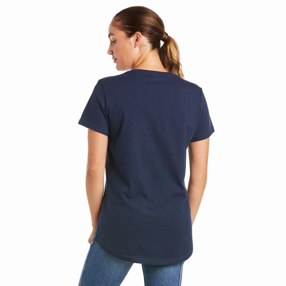 Navy Women's Ariat Rebar Cotton Strong V-Neck Short Sleeve | 0538-MLTFD