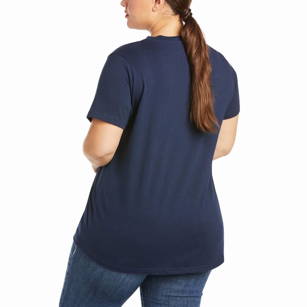 Navy Women's Ariat Rebar Cotton Strong V-Neck Short Sleeve | 0538-MLTFD