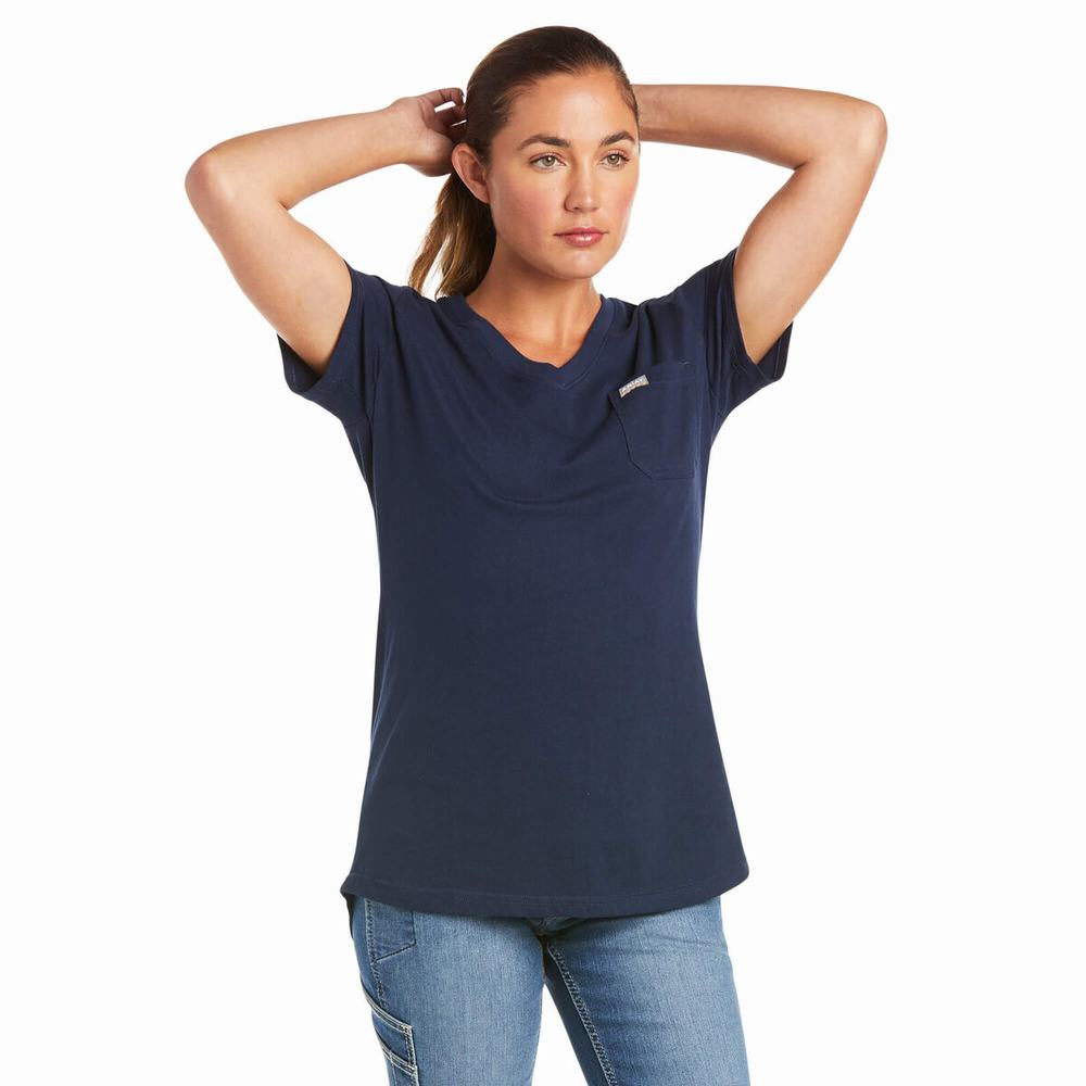 Navy Women\'s Ariat Rebar Cotton Strong V-Neck Short Sleeve | 0538-MLTFD