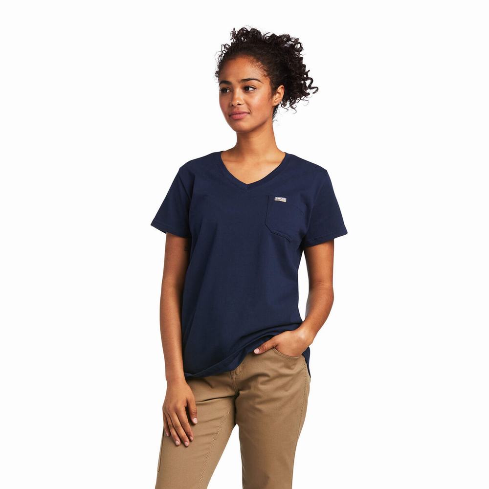 Navy Women's Ariat Rebar Cotton Strong Wrench Graphic Tops | 7403-NHBTV