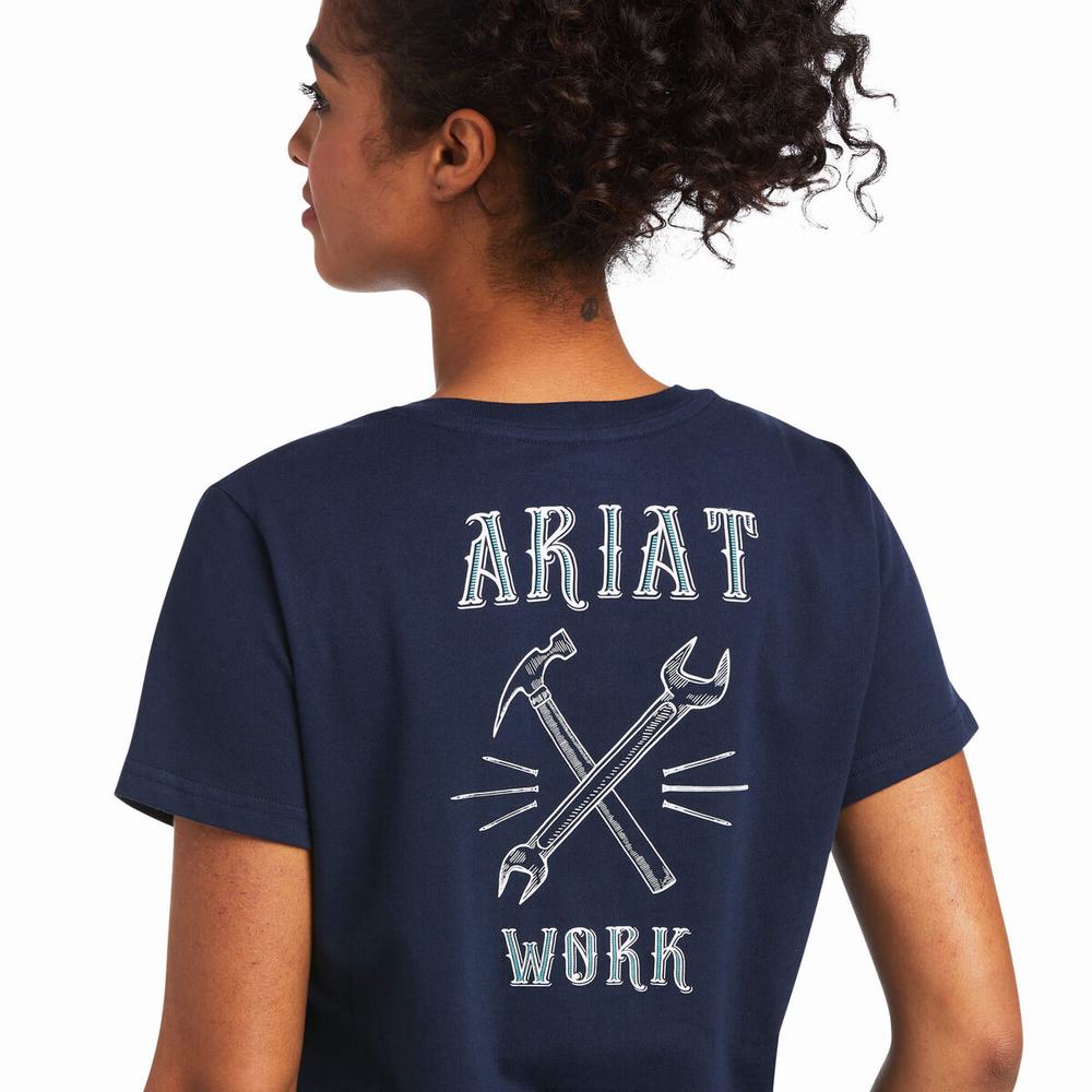 Navy Women's Ariat Rebar Cotton Strong Wrench Graphic Tops | 7403-NHBTV