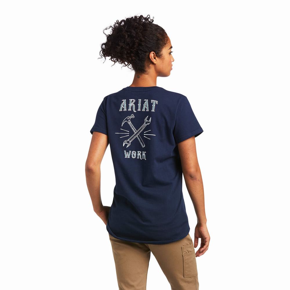 Navy Women\'s Ariat Rebar Cotton Strong Wrench Graphic Tops | 7403-NHBTV