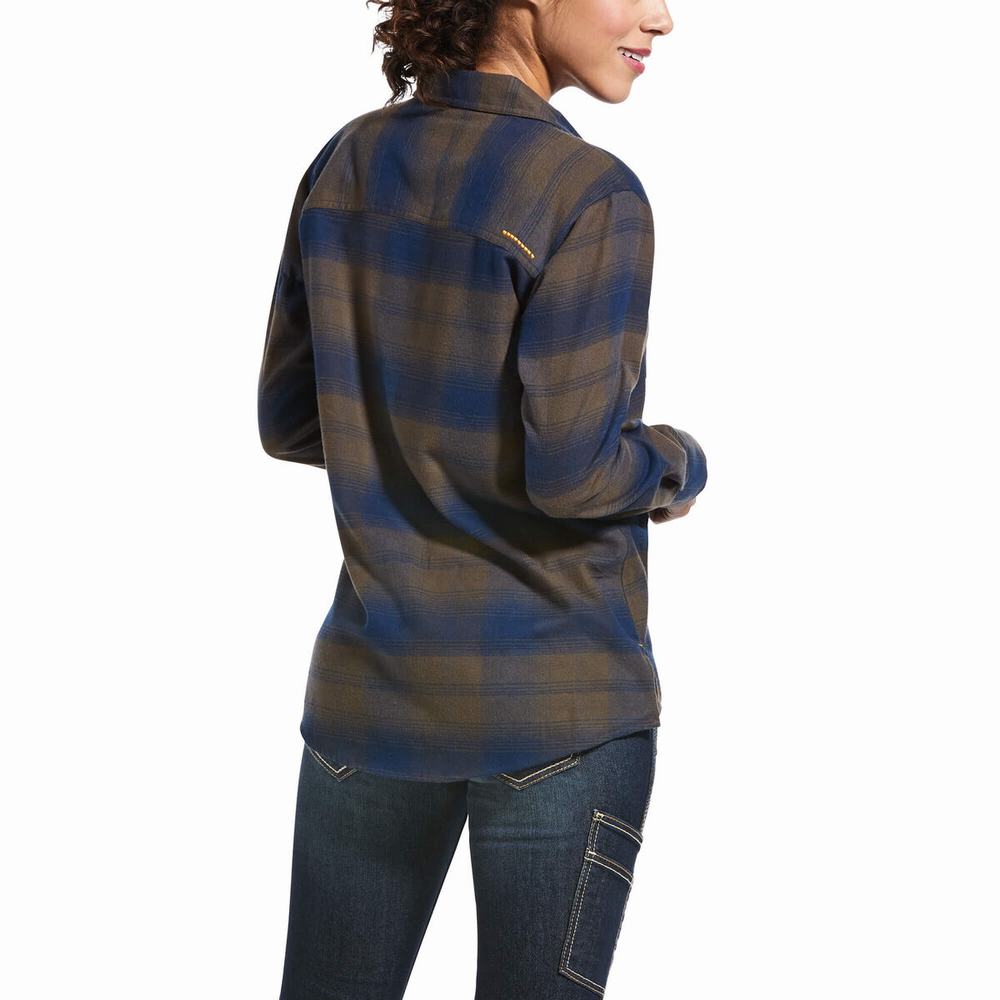 Navy Women's Ariat Rebar Flannel DuraStretch Shirts | 3041-MJFEX