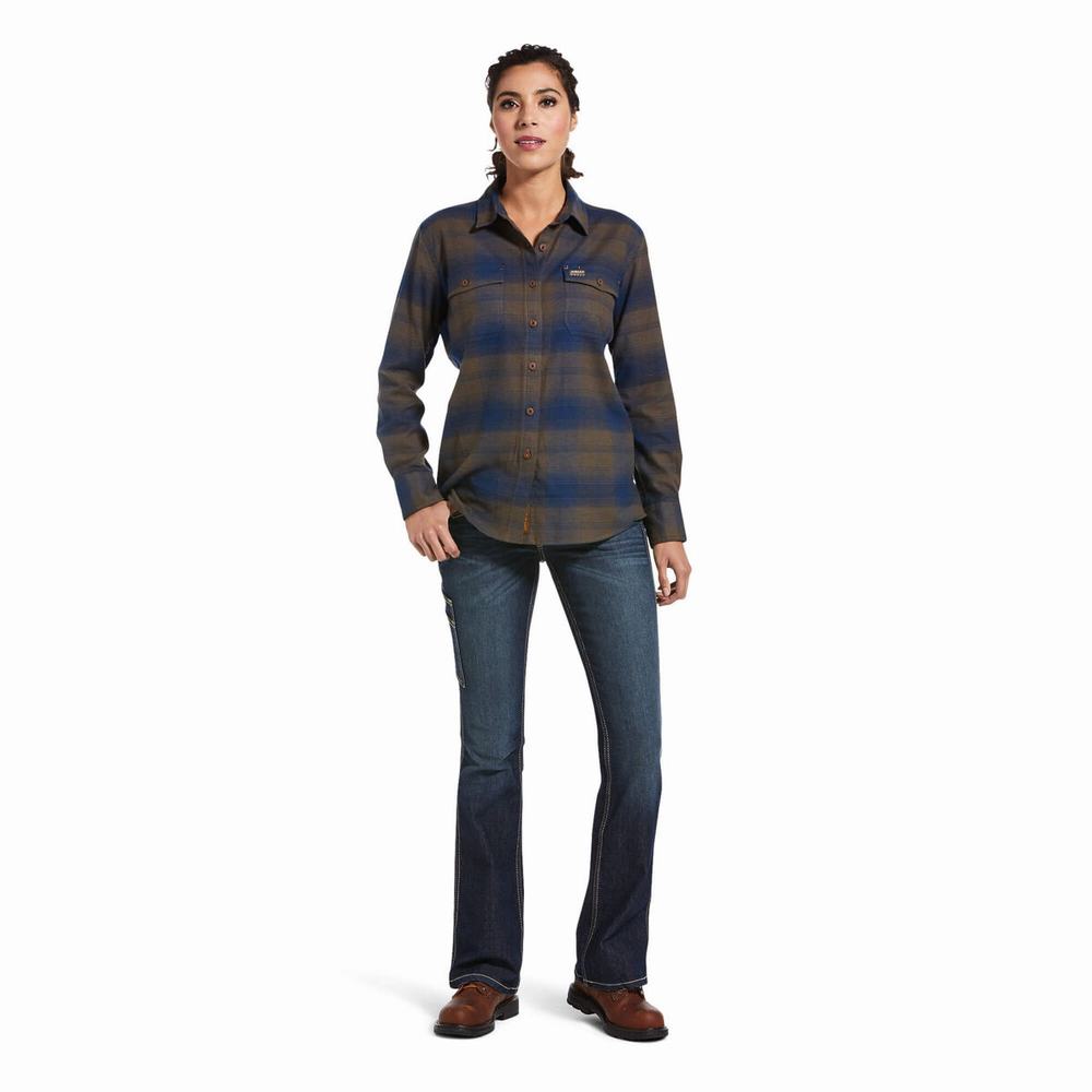 Navy Women's Ariat Rebar Flannel DuraStretch Shirts | 3041-MJFEX