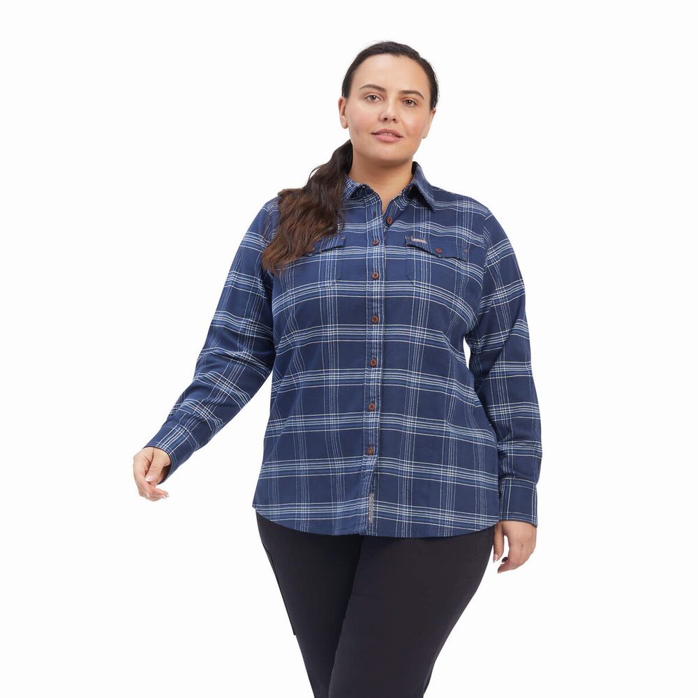 Navy Women's Ariat Rebar Flannel DuraStretch Shirts | 4078-YKCRU