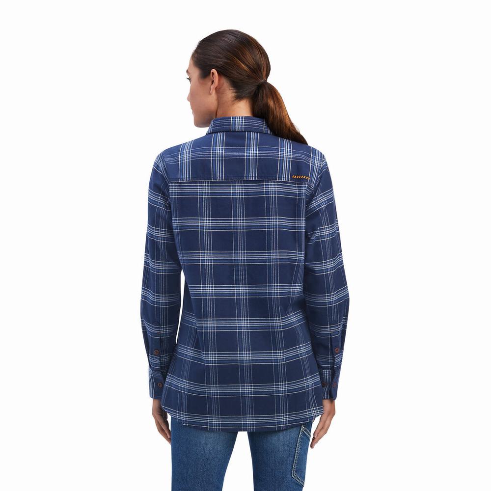 Navy Women's Ariat Rebar Flannel DuraStretch Shirts | 4078-YKCRU