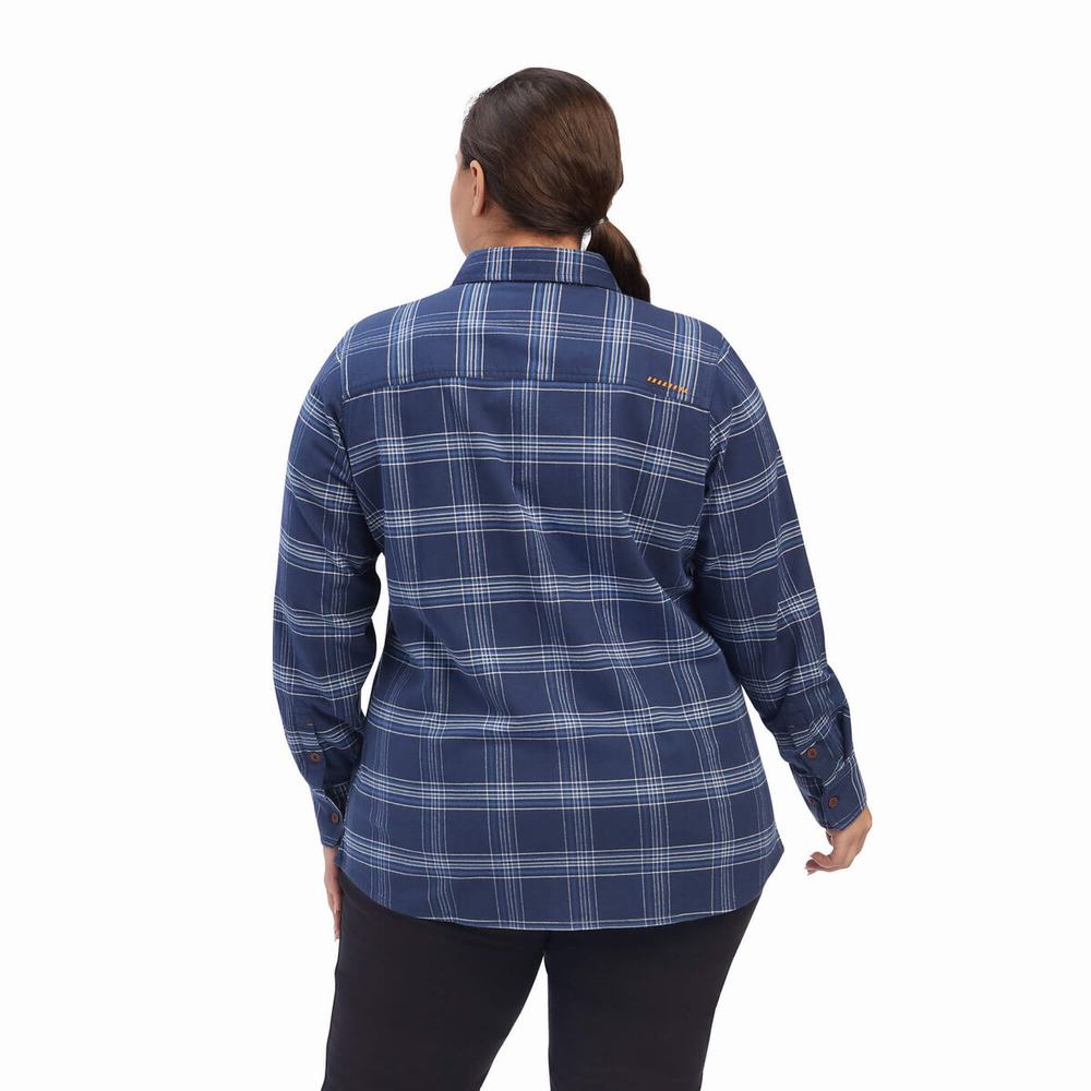 Navy Women's Ariat Rebar Flannel DuraStretch Shirts | 4078-YKCRU