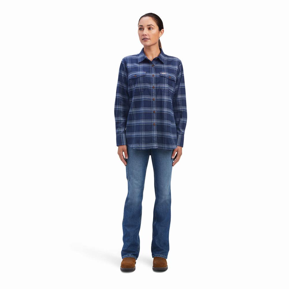 Navy Women's Ariat Rebar Flannel DuraStretch Shirts | 4078-YKCRU