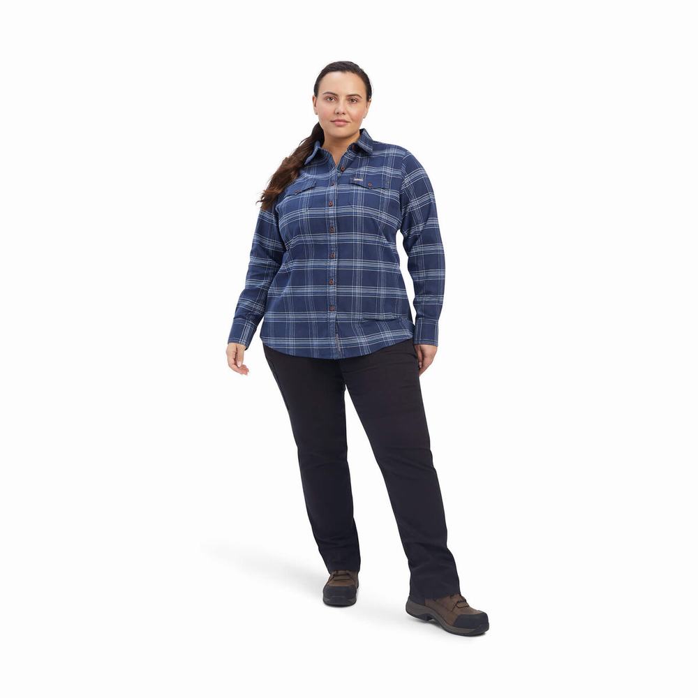 Navy Women's Ariat Rebar Flannel DuraStretch Shirts | 4078-YKCRU