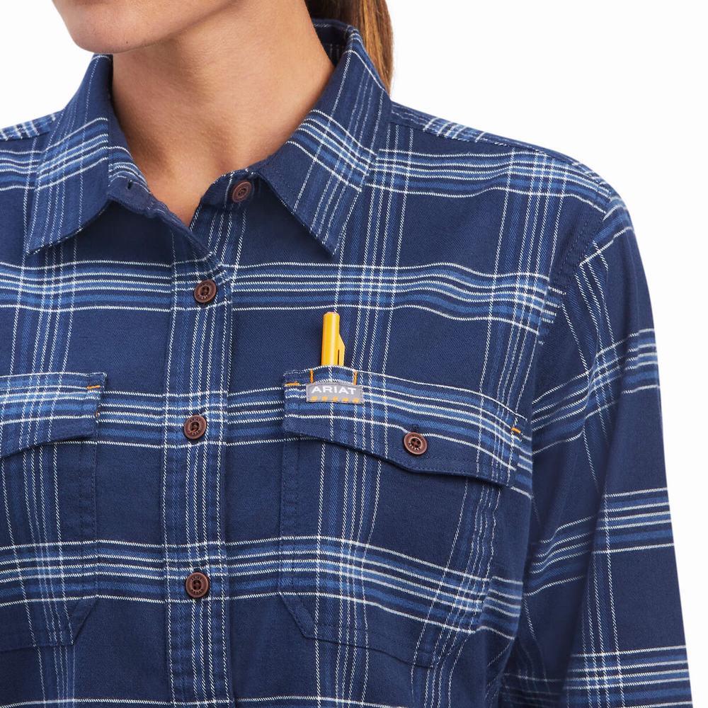 Navy Women's Ariat Rebar Flannel DuraStretch Shirts | 4078-YKCRU