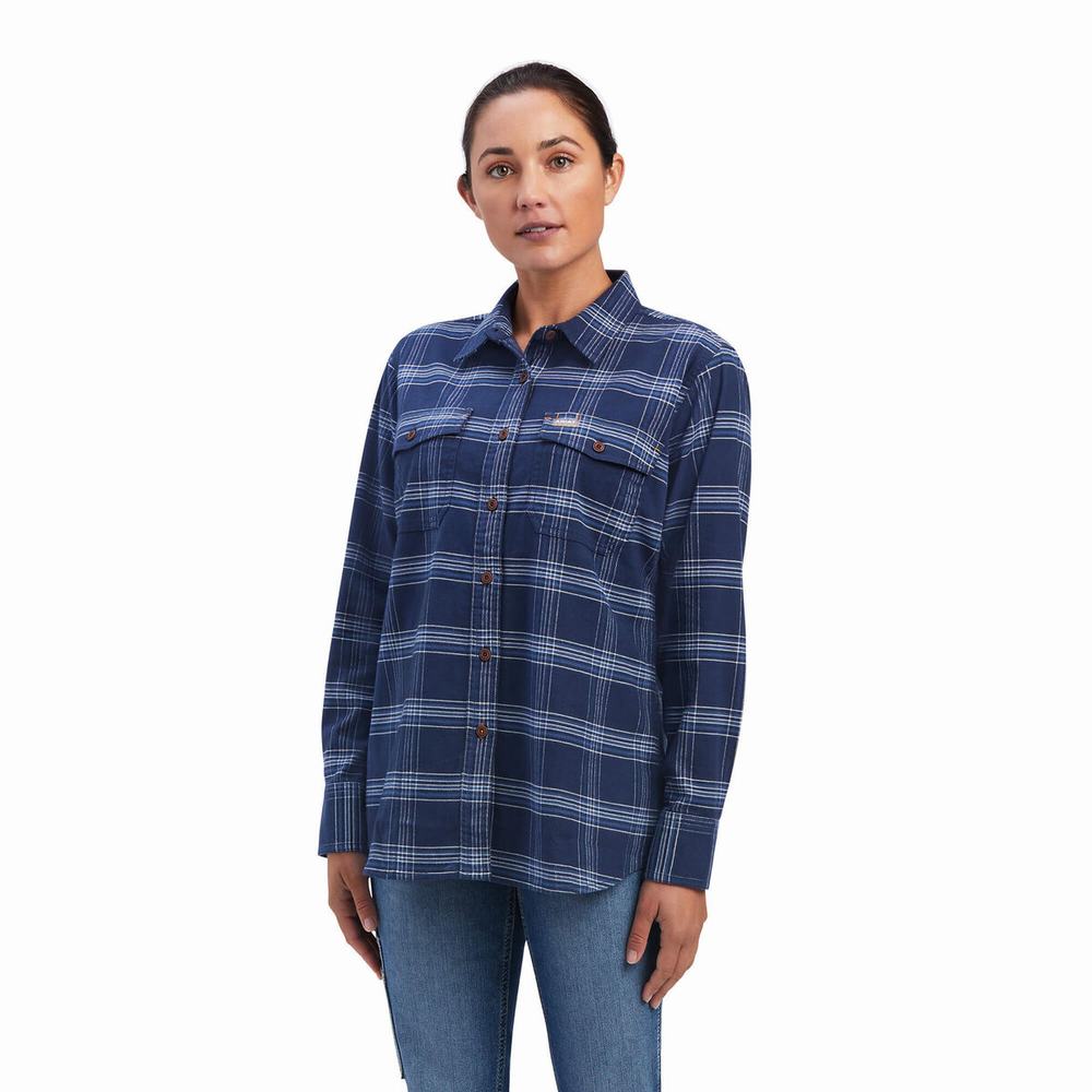 Navy Women\'s Ariat Rebar Flannel DuraStretch Shirts | 4078-YKCRU