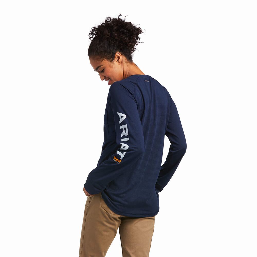 Navy Women's Ariat Rebar Heat Fighter Tops | 2157-EQYFC