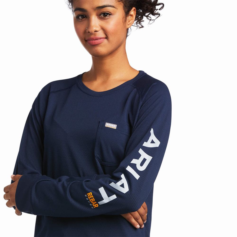 Navy Women's Ariat Rebar Heat Fighter Tops | 2157-EQYFC