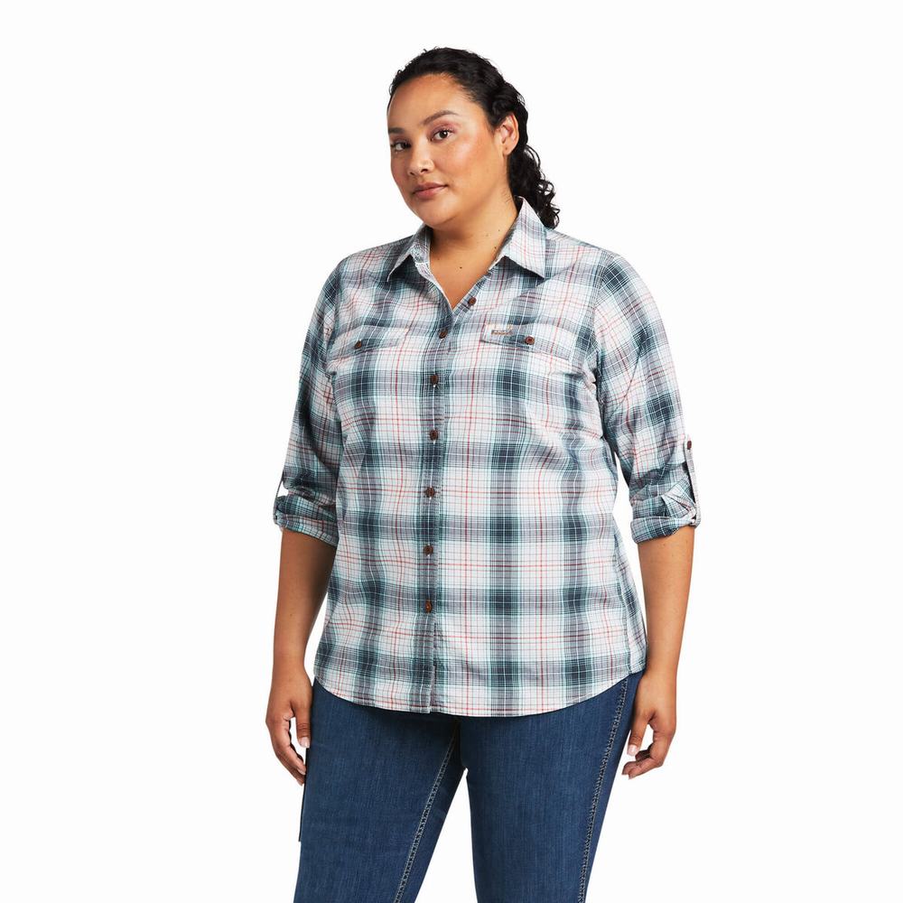 Navy Women's Ariat Rebar Made Tough DuraStretch Shirts | 5012-KSNFJ