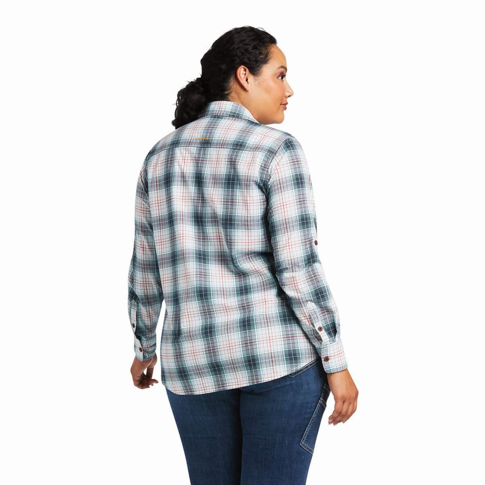 Navy Women's Ariat Rebar Made Tough DuraStretch Shirts | 5012-KSNFJ