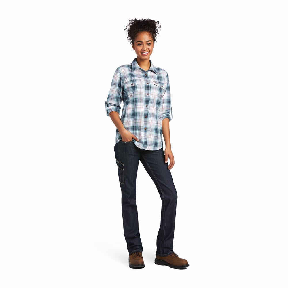 Navy Women's Ariat Rebar Made Tough DuraStretch Shirts | 5012-KSNFJ