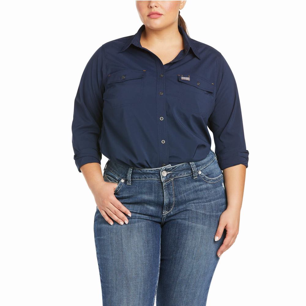 Navy Women's Ariat Rebar Made Tough VentTEK DuraStretch Shirts | 6540-OGHVF