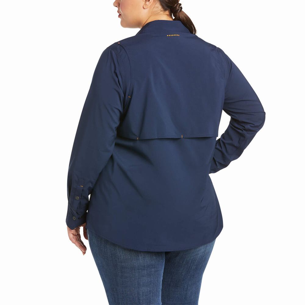 Navy Women's Ariat Rebar Made Tough VentTEK DuraStretch Shirts | 6540-OGHVF