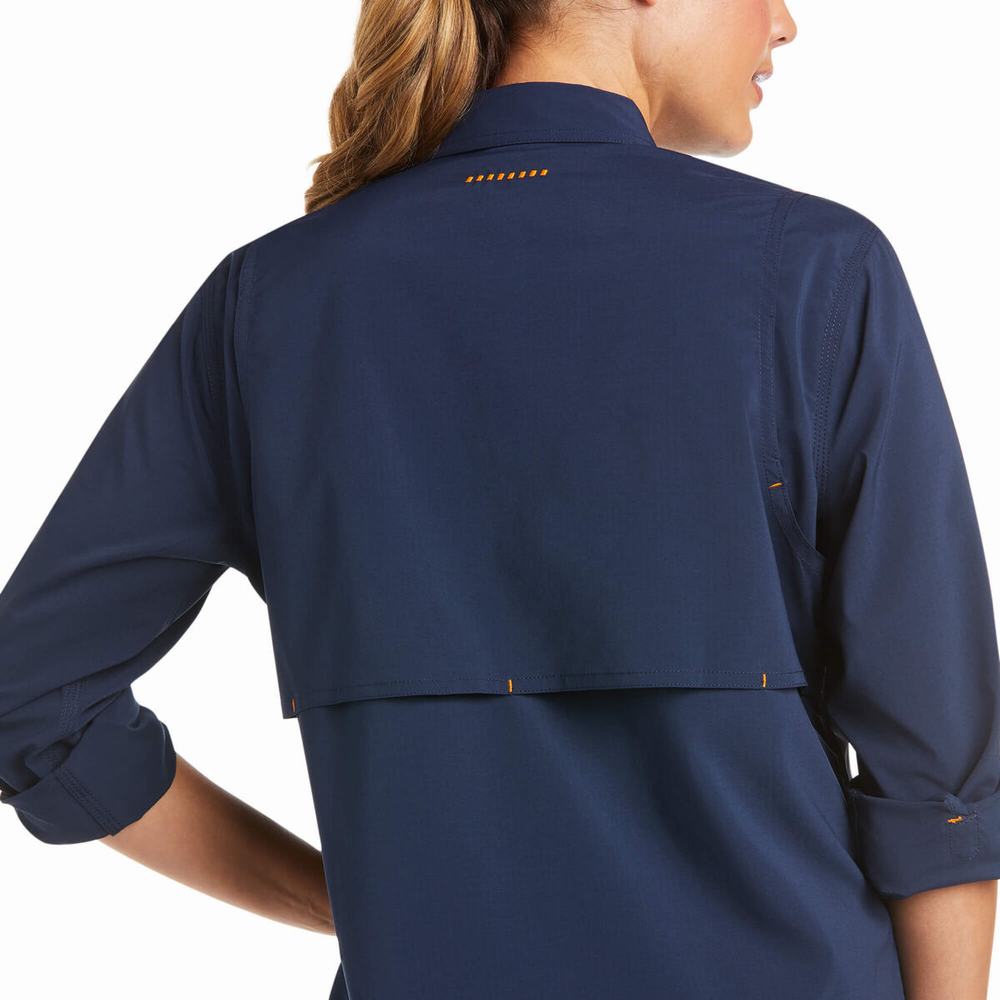 Navy Women's Ariat Rebar Made Tough VentTEK DuraStretch Shirts | 6540-OGHVF