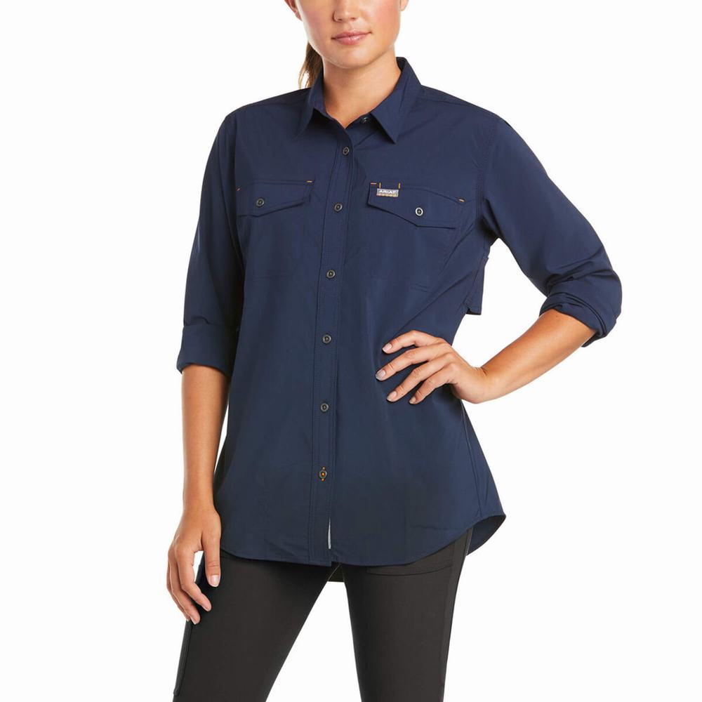 Navy Women\'s Ariat Rebar Made Tough VentTEK DuraStretch Shirts | 6540-OGHVF