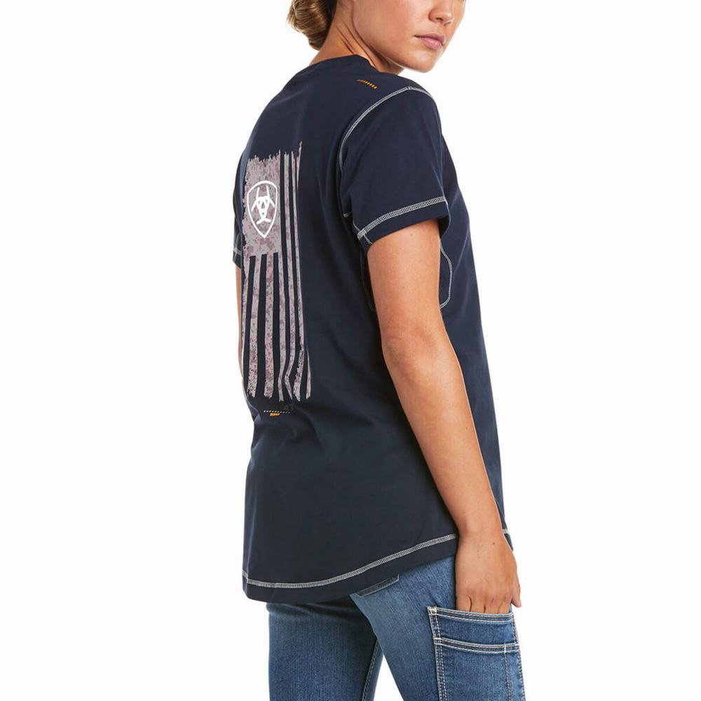 Navy Women's Ariat Rebar Woman Camo Flag Short Sleeve | 7296-YALTV